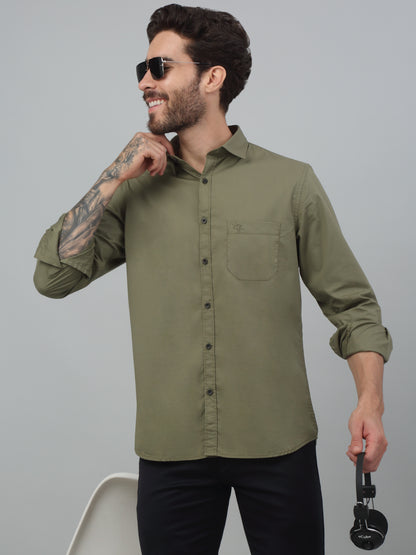 Men's Olive Green Casual Plain Stretch Full Sleeve Shirt