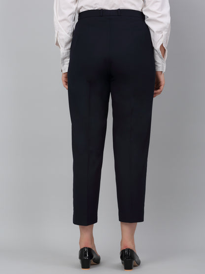 Women's Navy Blue Solid Non-Pleated Formal Trouser