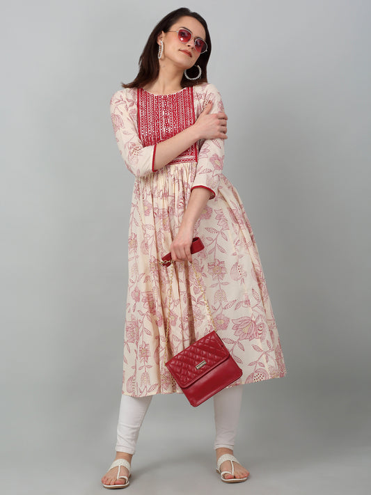 Women's Casual Round Neck Offwhite Printed & Embroidered Calf Length Kurti