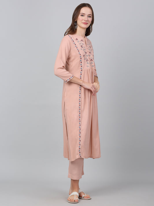 Women's Pink Embroidered Casual Kurta Plazzo Set