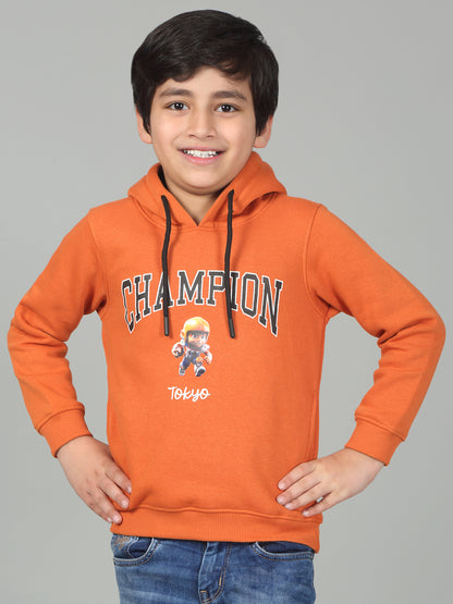 Boys Orange Printed Hooded Neck Full Sleeves Casual Sweatshirt