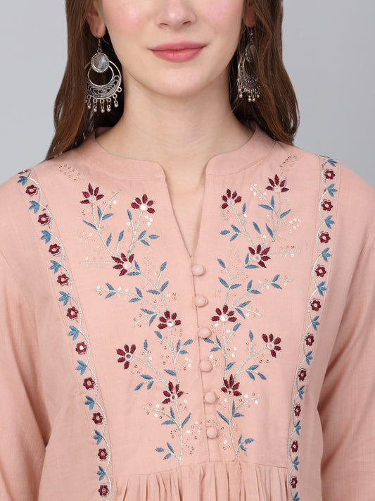 Women's Pink Embroidered Casual Kurta Plazzo Set