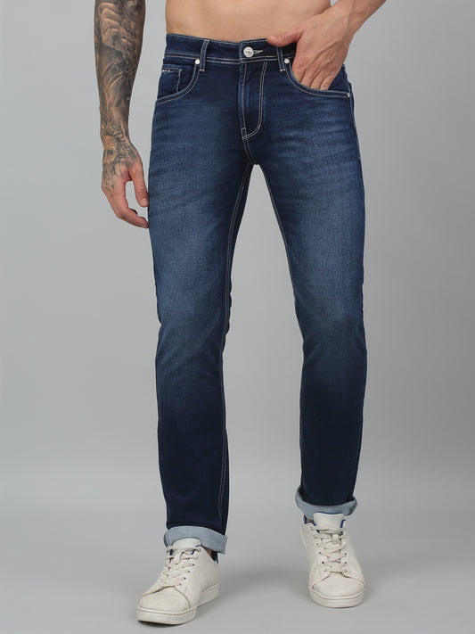 Denim Jeans for Men l Breathable & Soft with Color Fastness Ultra Narrow Fit Cotton Fabric Solid Pattern Button Closure