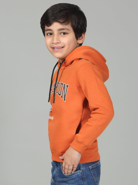 Boys Orange Printed Hooded Neck Full Sleeves Casual Sweatshirt