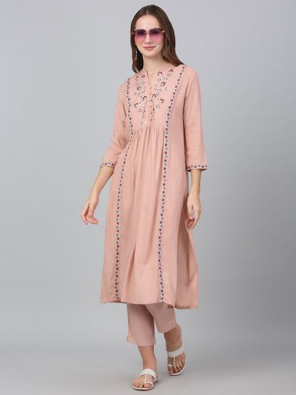 Women's Pink Embroidered Casual Kurta Plazzo Set