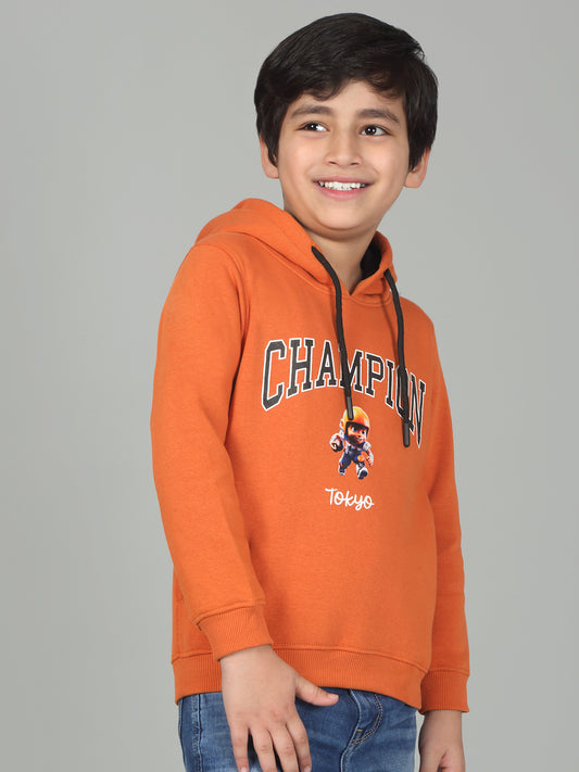 Boys Orange Printed Hooded Neck Full Sleeves Casual Sweatshirt