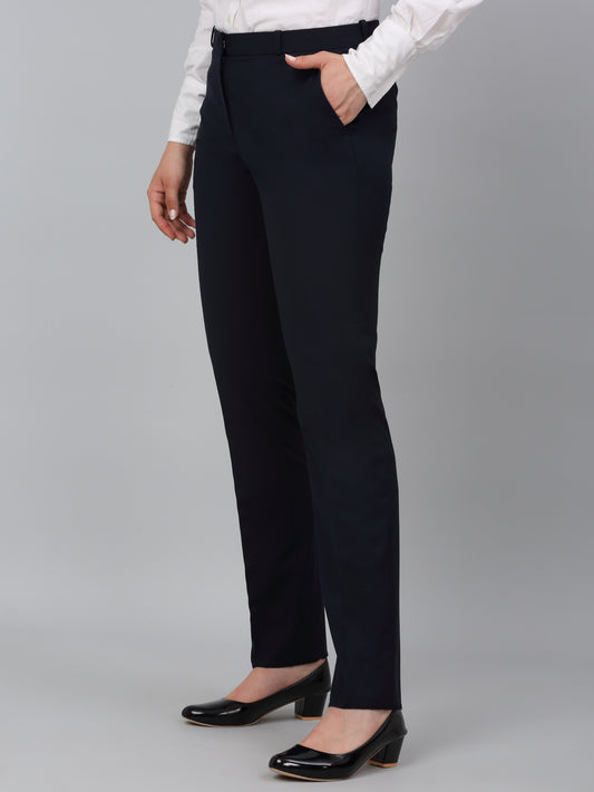 Women's Navy Blue Solid Non-Pleated Formal Trouser