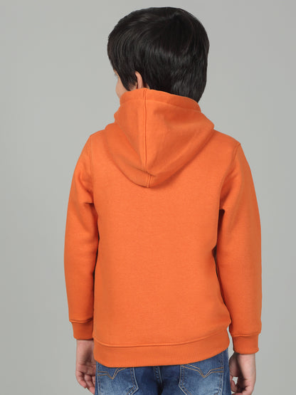 Boys Orange Printed Hooded Neck Full Sleeves Casual Sweatshirt