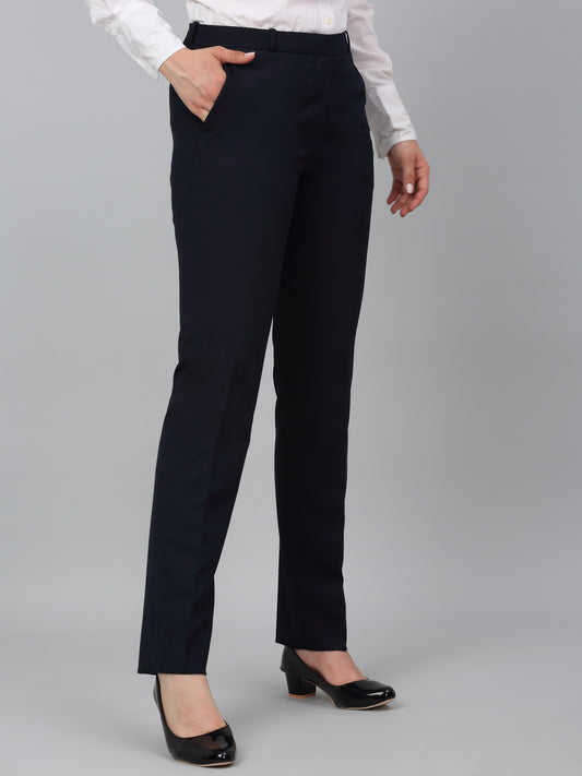 Women's Navy Blue Solid Non-Pleated Formal Trouser