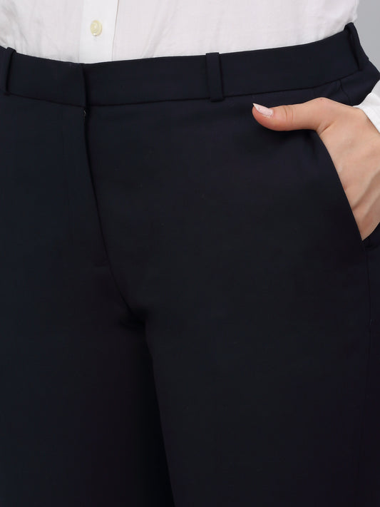 Women's Navy Blue Solid Non-Pleated Formal Trouser