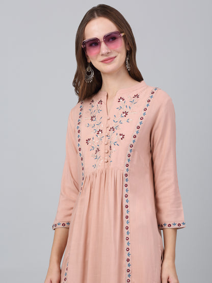 Women's Pink Embroidered Casual Kurta Plazzo Set