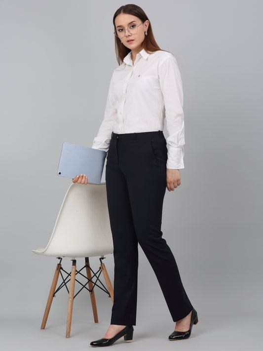 Women's Navy Blue Solid Non-Pleated Formal Trouser