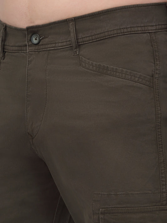 Men's Olive Green Solid Full Length Stretchable Cargo