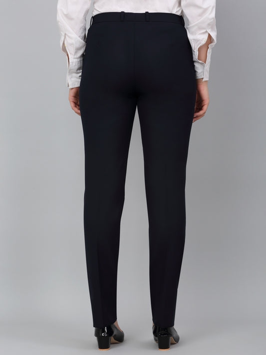 Women's Navy Blue Solid Non-Pleated Formal Trouser