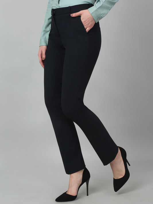 Women's Formal Flat Front Navy Blue Full length Mid rise Trousers