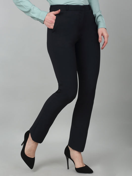 Women's Formal Flat Front Navy Blue Full length Mid rise Trousers