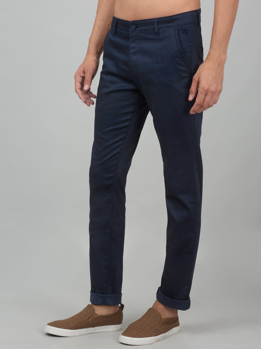 Men's Casual Flat front Navy Blue Checks Trousers