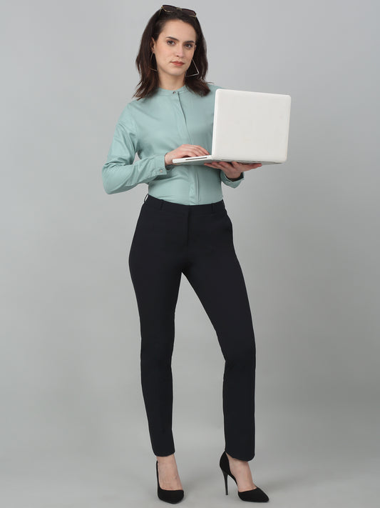 Women's Formal Flat Front Navy Blue Full length Mid rise Trousers