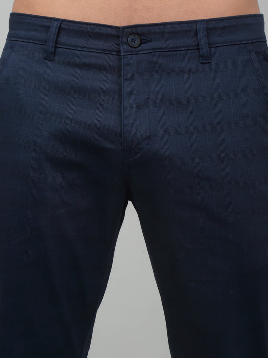 Men's Casual Flat front Navy Blue Checks Trousers