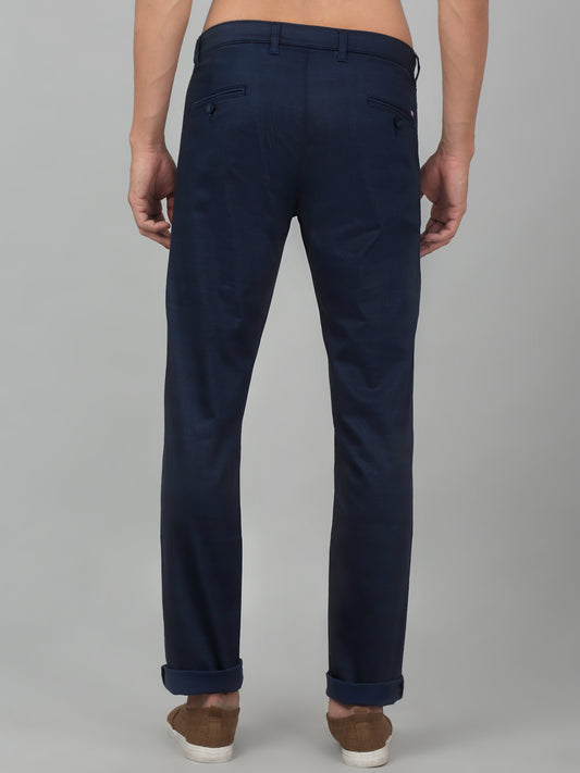Men's Casual Flat front Navy Blue Checks Trousers