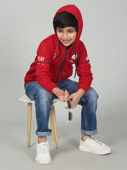 Boys Red Printed Hooded Neck Full Sleeves Casual Sweatshirt