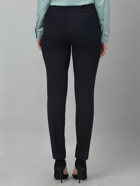 Women's Formal Flat Front Navy Blue Full length Mid rise Trousers