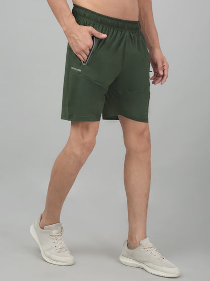 Men's Olive Green Solid Stretchable Activewear Shorts