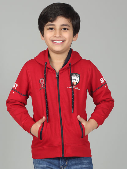 Boys Red Printed Hooded Neck Full Sleeves Casual Sweatshirt