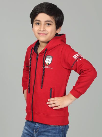 Boys Red Printed Hooded Neck Full Sleeves Casual Sweatshirt