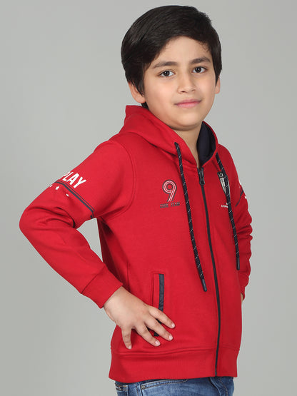 Boys Red Printed Hooded Neck Full Sleeves Casual Sweatshirt