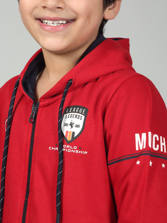 Boys Red Printed Hooded Neck Full Sleeves Casual Sweatshirt