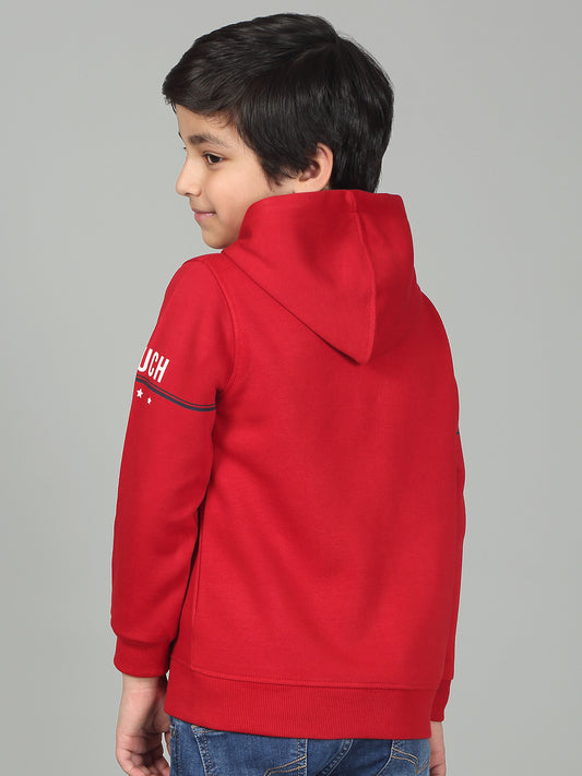 Boys Red Printed Hooded Neck Full Sleeves Casual Sweatshirt
