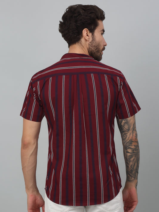 Men's Red Slim Fit Striped Half Sleeve Casual Shirt
