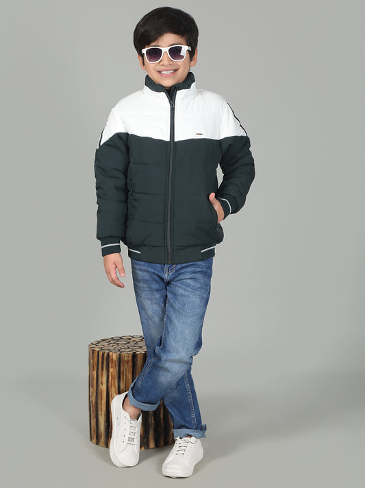 Boys Green Mock Neck Color Block Full Sleeves Casual Jacket