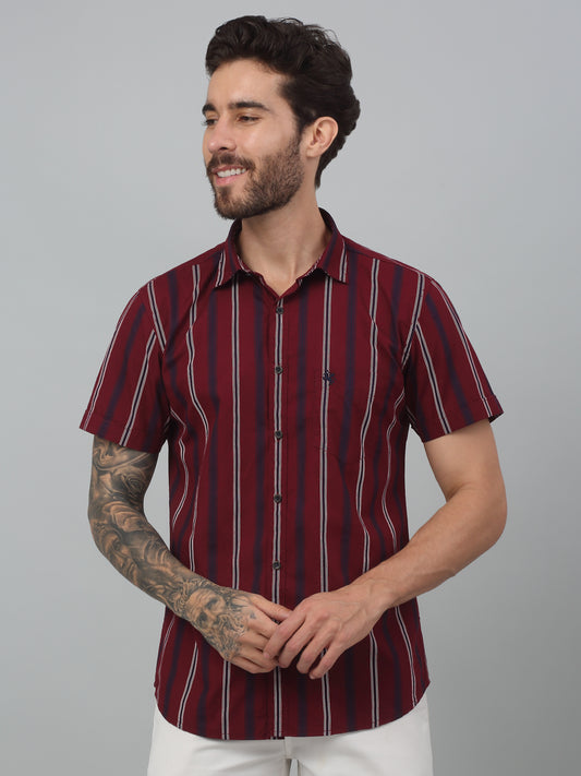 Men's Red Slim Fit Striped Half Sleeve Casual Shirt