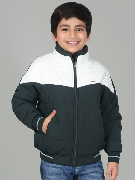 Boys Green Mock Neck Color Block Full Sleeves Casual Jacket