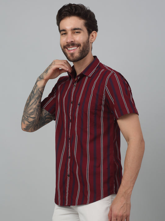 Men's Red Slim Fit Striped Half Sleeve Casual Shirt