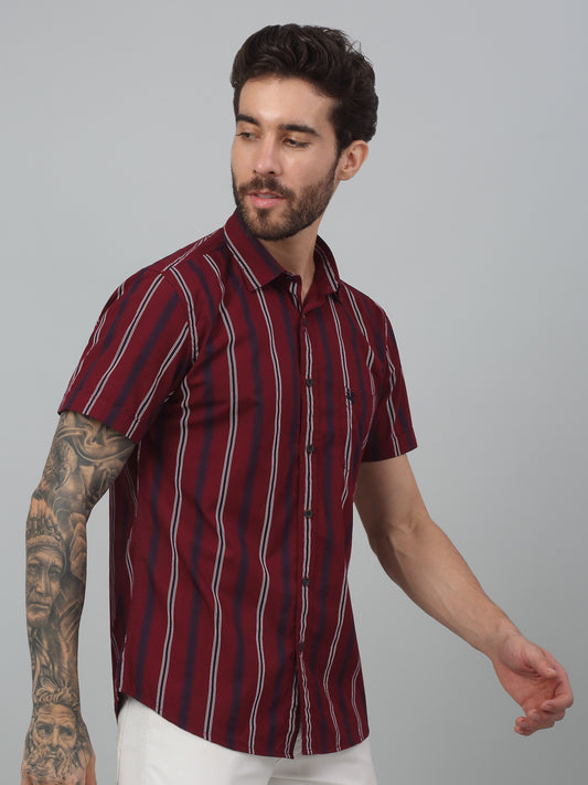 Men's Red Slim Fit Striped Half Sleeve Casual Shirt