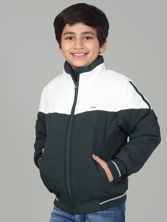 Boys Green Mock Neck Color Block Full Sleeves Casual Jacket