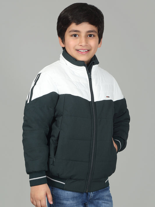 Boys Green Mock Neck Color Block Full Sleeves Casual Jacket