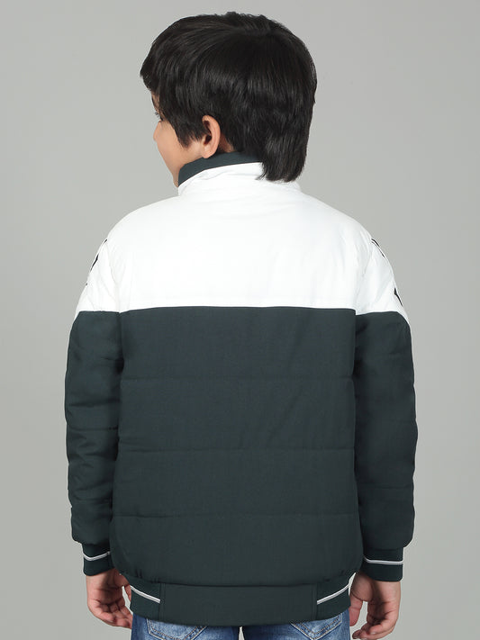 Boys Green Mock Neck Color Block Full Sleeves Casual Jacket