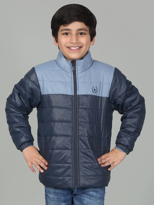 Boys Sky Blue Mock Neck Color Block Full Sleeves Casual Jacket