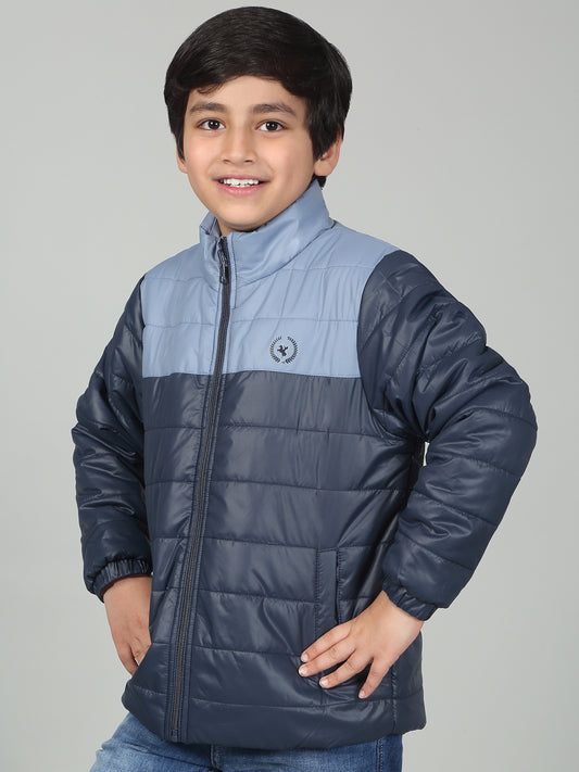 Boys Sky Blue Mock Neck Color Block Full Sleeves Casual Jacket