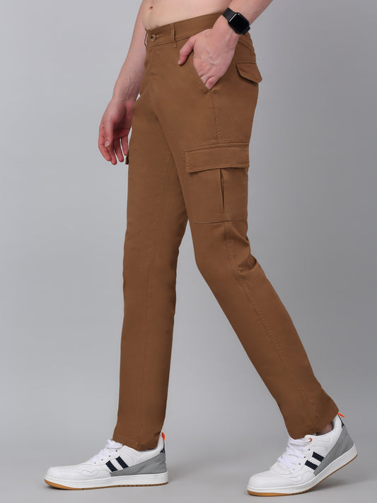 Men's Khaki Solid Full Length Stretchable Cargo
