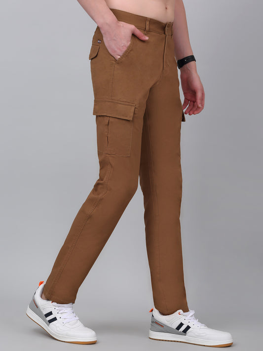 Men's Khaki Solid Full Length Stretchable Cargo