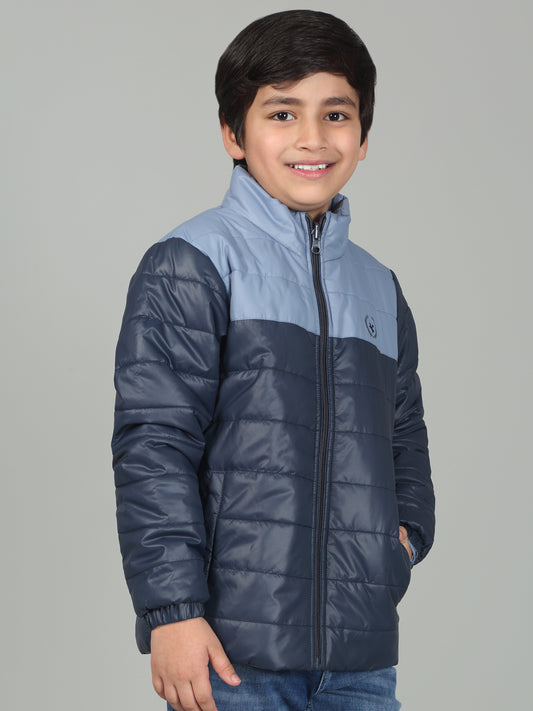Boys Sky Blue Mock Neck Color Block Full Sleeves Casual Jacket
