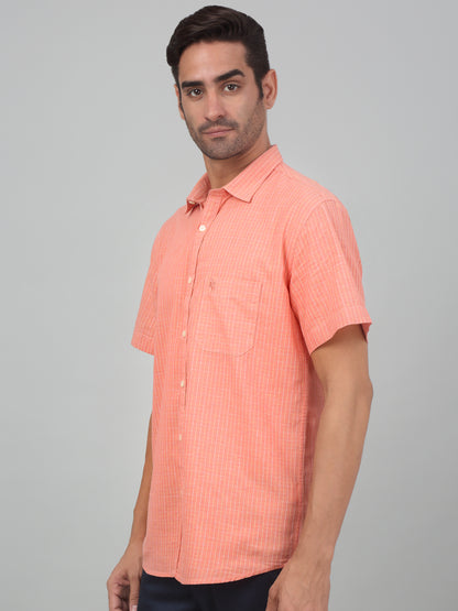 Men's Orange Casual Thin Stripe Half sleeve Shirt