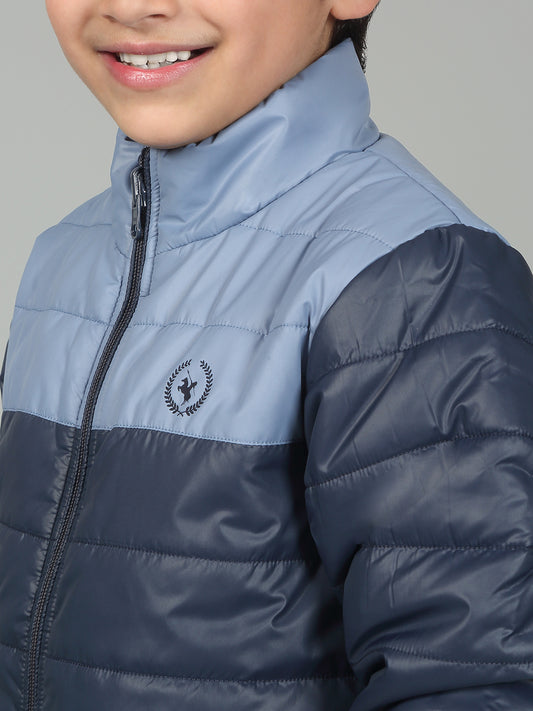 Boys Sky Blue Mock Neck Color Block Full Sleeves Casual Jacket