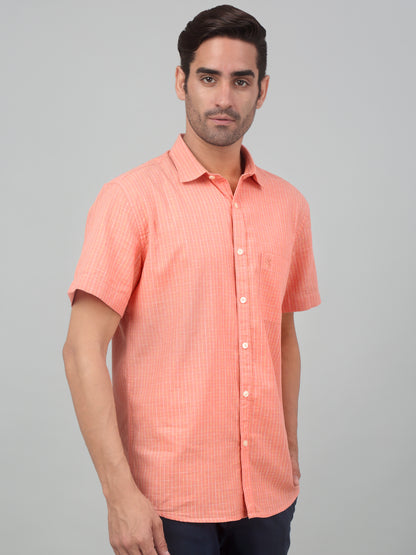 Men's Orange Casual Thin Stripe Half sleeve Shirt