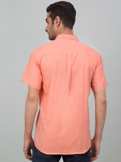 Men's Orange Casual Thin Stripe Half sleeve Shirt